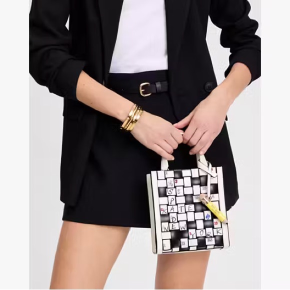 Kate Spade Wordplay Mini Manhattan Leather Tote - Black & White Crossword - Picture 8 of 8